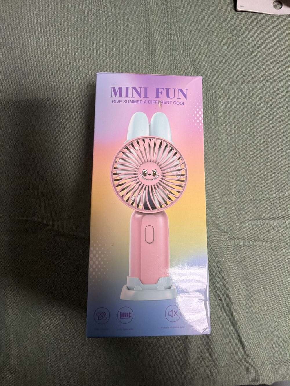 Mini Fun USB Rechargeable Handheld Fan with Bunny Ears Design and Base - Blue